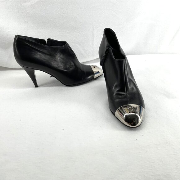 RARE  Chanel Authentic lamb skin leather logo point black booties size 37 US 6.5 - Picture 1 of 10
